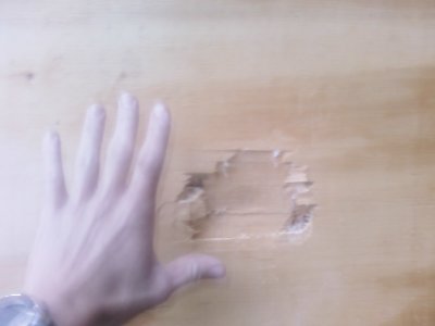 Plywood with my hand as a reference point for size.