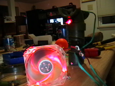 begining to add components for the measured propane, this is the fan, with the light up switch built into the forward handle, the 8 AA batteries are tucked neatly away in the handle as well