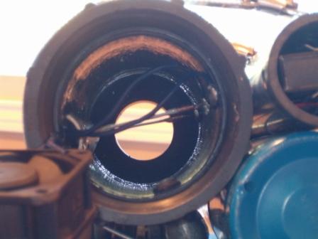 Here is the inside of the chamber where you can see the chamber short on the left and the electrodes and spark gaps on the right