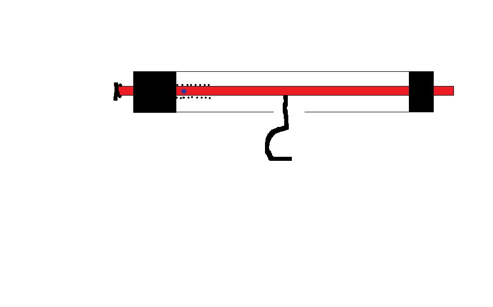 The long thing is a screw, folowed by an O.ring both munted on the inner tube. The inner tube glied through an epoxy block, behind the bloch there is a hole and a sprin, the spring pushes the screw and O-ring against the epoxy and provides a seal. If the trigger is pressed the hole (blue dot) is pushed behind the block and air rushes in and out the inner tube to the barrel.