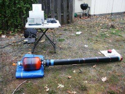 Metal tank 2 inch valve cannon.  Test setup with 4 inch barrel and Poof foam ball.