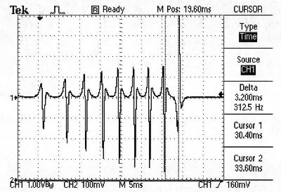 T Shirt launch test data, position and time.  Blips are 1 foot of shirt travel in the barrel.<br /><br />Dotted graph is 5ms per square on the horizontal direction.<br /><br />The last foot measured with the cursors took 3.2 ms to travel for an average speed of 312 FPS.  The height of the blips is roughly in direct proportion the speed the magnet in the shirt crossed the coil.