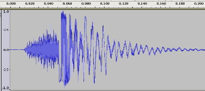 Small air cannon sound. Total time of trace is 0.2 seconds.  Recording is the Mouse Musket, a 1 inch coaxial about 30 inches long.