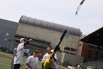 Arlington team launching a shirt with a tail at PGE Park.  They put one on the roof.