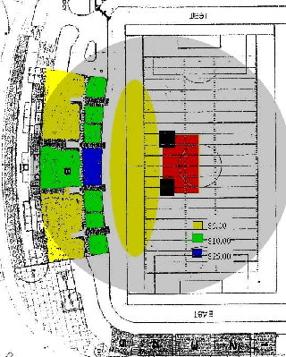 Range of the little tank launcher at the Hillsborro Stadium.  It will be launching shirts at the concert August 8th.