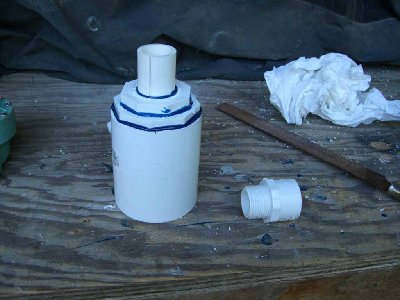 Step Ten<br />After taking off the sharp edges of the pipe glue it into the socket and get your final 1&amp;quot; male adapter ready