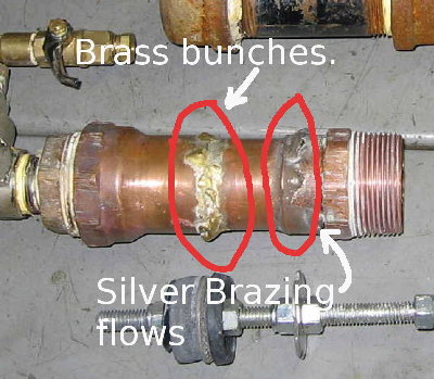 Decimator  brazing.  There appears to be a silver braze job on the right and the brass brazing on the left.  The brass didn't flow well.  It possibly didn't wick into the joint.  This joint is to be treated with caution.