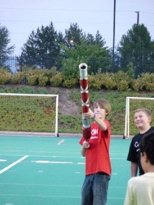 The little launcher in action at the stadium shooting cross the field into the crowd.