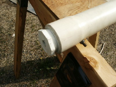 Breech of the Mouse Musket with the 1.5 inch female adapter inserted into the end of the 2 inch pipe without a coupler.