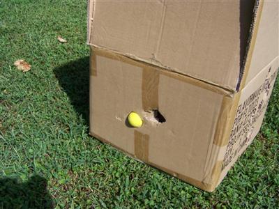 This is the entry wound just to the right of the previous shot.<br />This ball was made of a foam that is more squishy* than the other one, It weighed maybe a gram or so more.<br /><br />*scientific terminology