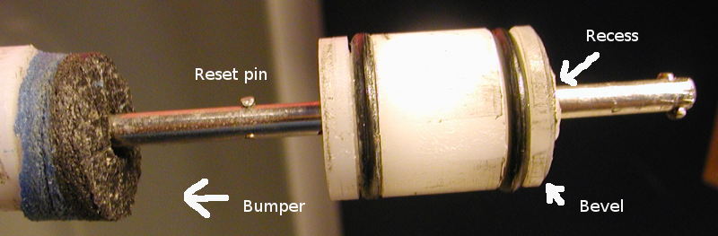Piston detail showing orientations.  The bent pin is on the end of the rod for larger surface area for pulling the piston open.