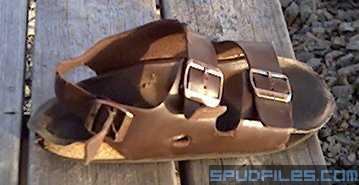 The leather isn't particularly thick or strong, I do have some old leather shoes, but they're still far too nice to be used as targets. They're my spudding shoes, which I use when I don't want to mess up my nice pair. <br /><br />I also shot the top of the failed fan-in-a-bottle, the plastic kind of peeled off, and closed the hole after the marble had passed through. The exit hole (right) was much bigger that the entry.