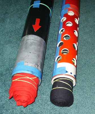 Coil detail is seen on these two t shirt test barrels.  The two are a 3 inch ABS and 2.5 inch PVC barrel with a muzzle break.