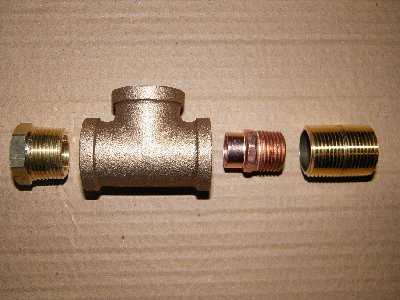 This is the general layout for the valve. From left to right it's a 1/2&amp;quot; to 3/4&amp;quot; bushing, 3/4&amp;quot; tee, 1/2&amp;quot; copper male adapter which will be JB'ed inside the last piece which is a 3/4&amp;quot; nipple.