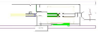 Epoxy is dark green, the blue is the hop-up bucking (for those familiar with airsoft), the purple is the actual rifle body, the gold is the barrel and is longer than shown :-p, the regulator on the back is a palmers direct stabilizer that is threaded straight to a 1/8 NPT brass fitting, there is a spring that is not drawn that is behind the chamber that pushes it forward when the trigger is pulled.  The proportions are all off, but you can get the idea.