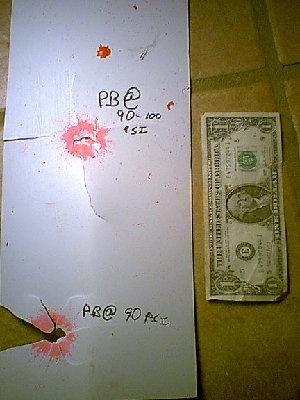 Damage pic of PB shot 25 feet away psi @ aprrox 90-100. PBs unfrozen