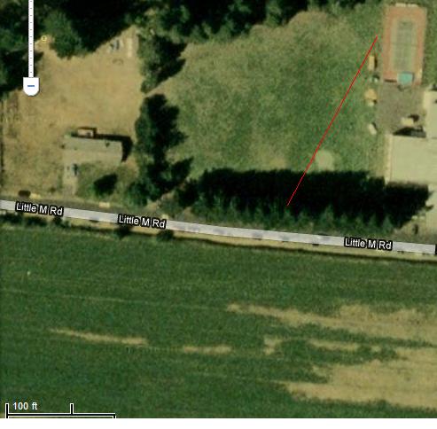 Pop can flight path.  The launch site was powered by my car beside the road.  A 30 foot extension cord was used to get past the trees.