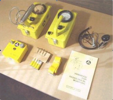 Top row, L to R: GM Counter, Survey meter, crystal headset (for the GM)<br />Bottom row, L to R: Charger for dosimeters (IIRC 200 volts from a pair of D batteries), dosimeters, shoulder strap for meters, manual.