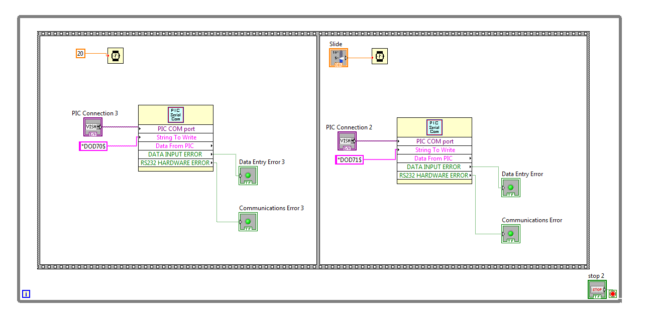 The block called &amp;quot;PIC Serial Com&amp;quot; is the sub VI provided by my professors.  Essentially you send strings of data to the &amp;quot;string to write&amp;quot; port.<br /><br />In my VI, I have a sequential case structure that is executed from left to right.  The structure is enclosed in a while loop so it runs indefinitely.  In the first frame is the 20ms period during which the servo receives a LOW pulse.  In the second frame, the servo receives a HIGH pulse for a duration of 0.6 to 2.4ms which is determined by a slider on the front panel.  Changing this value *should* change the position of the servos.<br /><br />Of course, it does not work as desired.