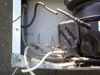 1-wire that goes to the inside of the firdge 2-wire that goes to the base of the firdge 3- wire that connects to the power source