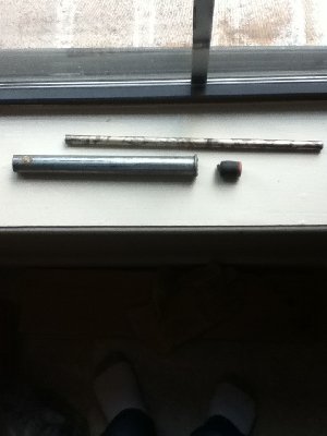 This is all the pieces of the cannon. The top piece is the barrel, the aluminum thing is the chamber and the black and red thing is th piston.