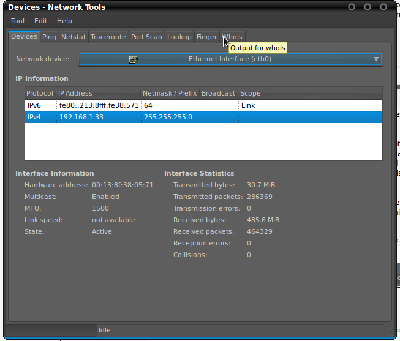 Use Network Tools to check your interface for errors, ping your router, and general troubleshooting.  Use the pulldown to select your interface card instead of the default loopback address.