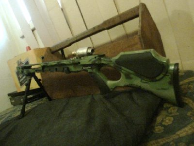 History: This xbow (used) to have 3 &amp;quot;HEAVY&amp;quot; steal rails for &amp;quot;barrels&amp;quot; and could shoot 3 darts at once (see darts other pic) at 245fps and a 268 grain combined shot.<br />Could also shoot nine 6mm balls at once (like shotgun load), sounds good hey?... But there<br />is a problem!....<br />It was HEAVY as hell, 11.3 pounds HEAVY !  By the time i stripped all the metal off of it, including<br />the metal prod!,.... it suddenly lost 5 pound!