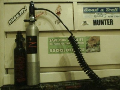 paintball tanks, remote lines etc with &amp;quot;ninja&amp;quot; 300psi SLP regulator,  and a &amp;quot;ninja&amp;quot; 800psi regulator on the small bottle, is how it come brand new.