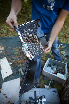 Dell laptop carnage, under the keyboard.  Almost all keys were blown off with the 1st shot.