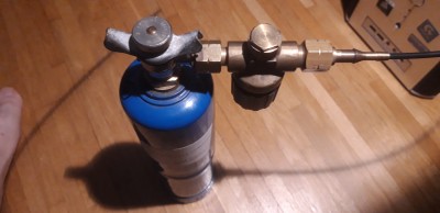 Propane tank and regulator (mounted upside down for space reasons)