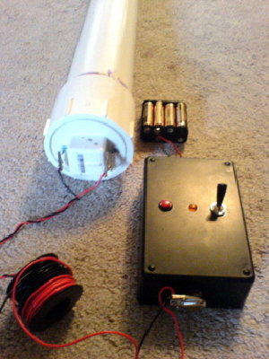 Here's the whole thing put together.  The two alligator clips hook on to the bit of wires sticking out.