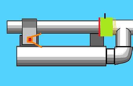 Closed, the green repair coupling is pushed foreward over the barrel by the orange spring. The orange spring at the hinge is in tension and will cause the barrel to spring up when the black bolt is pulled back (moving the repair coupling back)