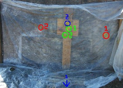 range = 10 yards<br />RED: smoothbore foam wad<br />BLUE: smoothbore paper wad<br />GEEN: rifle paper wad