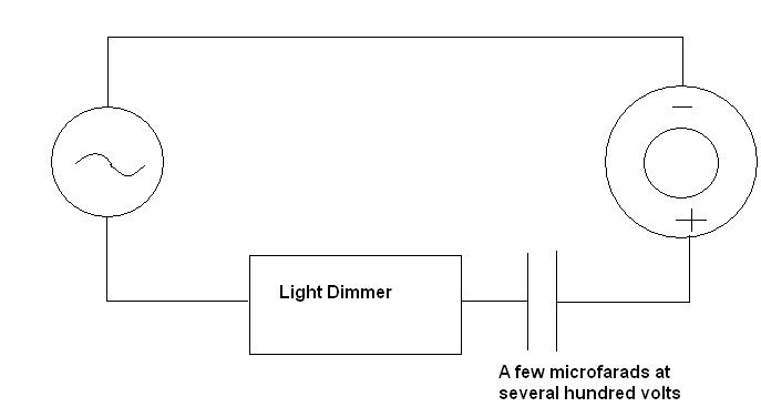 This is a basic ignition coil driver circuit for an AC wall power supply. The circuit uses a capacitor partnered with a wall dimmer switch. The best place to find the capacitor recommended for free is in an old TV or microwave and the best place to find the switch is Home Depot.