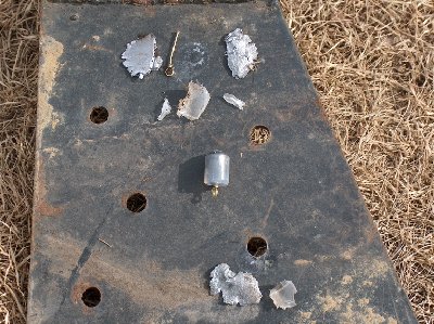 Steel plate shots.jpg (264.88 KiB) Viewed 5408 times Showing two different impacts and pieces I was able to find. Also unfired round for comparison. Shots were @ 400psi and 2 yards range. 1/2 ounce fishing weight/hot glue ammo.